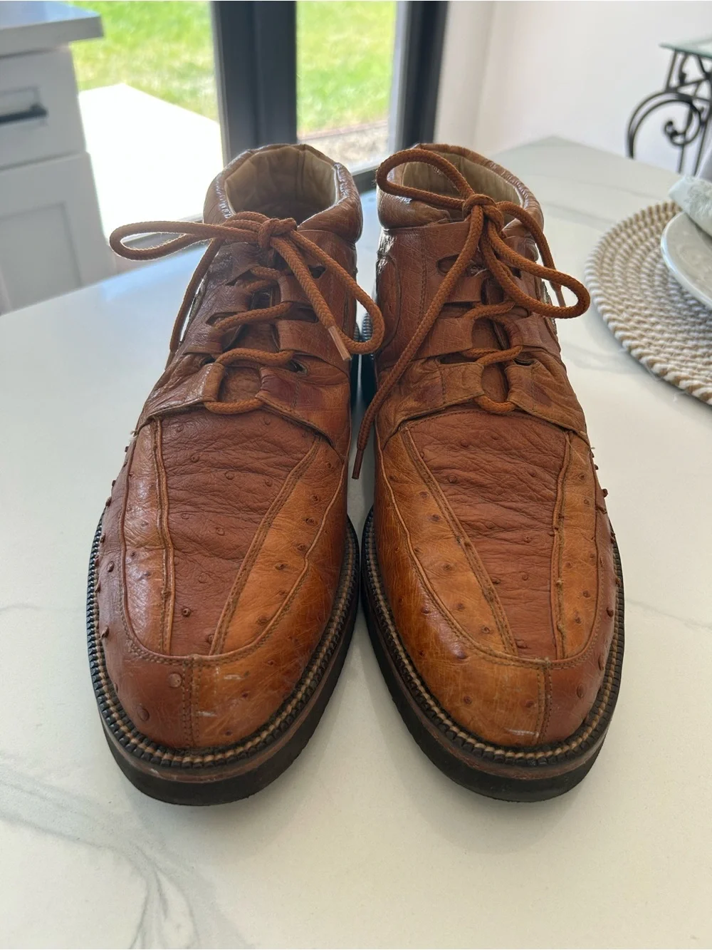 Mexico Cuadra Men's Tan Ostrich Leather Lace-Up Casual Boots. Size 7